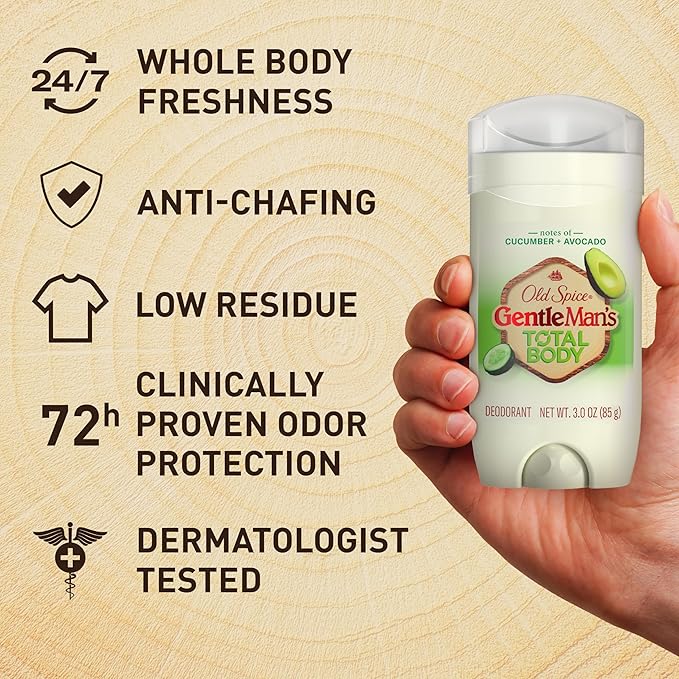 Old Spice Whole Body Deodorant Stick for Men, Aluminum Free, Cucumber + Avocado Scent, 24/7 Odor Protection, 24/7 Lasting Freshness, Dermatologist Tested, Gentle on Skin, Safe to Use All Over, 3.0 oz