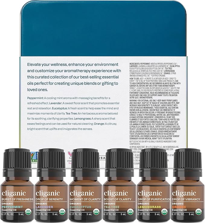 Cliganic Organic Aromatherapy Essential Oils Set (Top 6 - The Essentials), 100% Pure Natural - Peppermint, Lavender, Eucalyptus, Tea Tree, Lemongrass & Orange (Packaging May Vary)