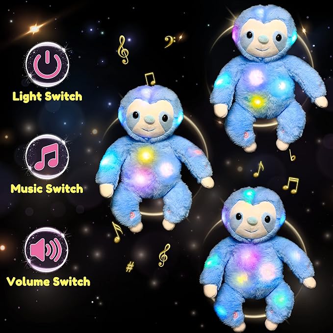 Hopearl LED Musical Plush Sloth Lighting Up Stuffed Animal Three Toed Sloth Floppy Night Lights Glow in The Dark Birthday Festival for Kids Toddlers, Blue, 12.5''