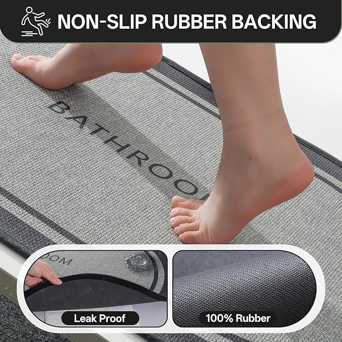 Non-Slip Bath Mat with Upgraded Rubber-Backing, Washable Thin Bath Mats for Bathroom Floor, Absorbent Woven Bathroom Rugs, Quick Dry, Fits Under Door, 16x24, Border Grey