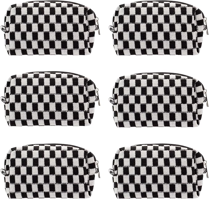 PAZIMIIK Checkered Makeup Bag for Purse Portable Zipper Make Up Pouch Small Cosmetic Case for Travel Accessories (6PCS Black)