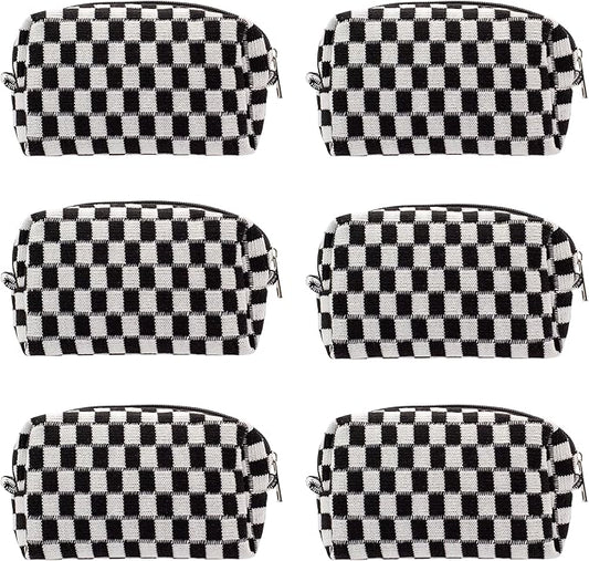 PAZIMIIK Checkered Makeup Bag for Purse Portable Zipper Make Up Pouch Small Cosmetic Case for Travel Accessories (6PCS Black)