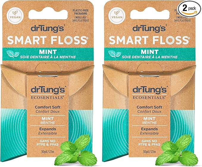 drTung's Smart Floss Mint for Teeth - Natural Expanding Dental Floss, Gentle on Tooth & Gums, Expands & Glides, PTFE & PFAS Free, Certified Organic Mint Essential Oils - Pack of 2