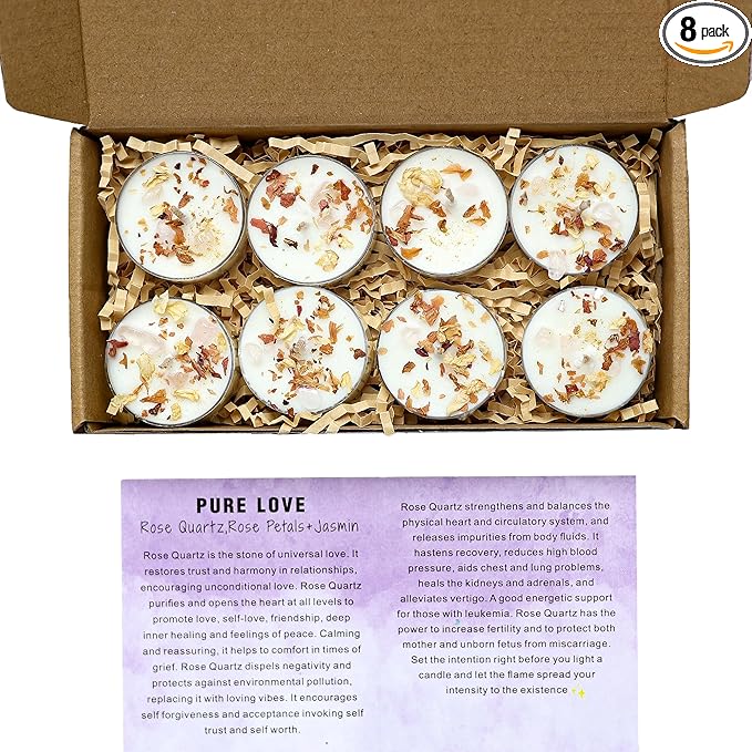 Tealight Candles with Crystals and Herbs, Handmade Energy Candles. (White)