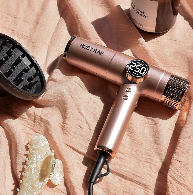 RUBY RAE Ionic Hair Dryer 2000W, Professional Dual Voltage Blow Dryer with Diffuser, Lightweight Design, Fast Drying, Low Noise Technology, 3 Magnetic Attachments Suitable for All Hair Types