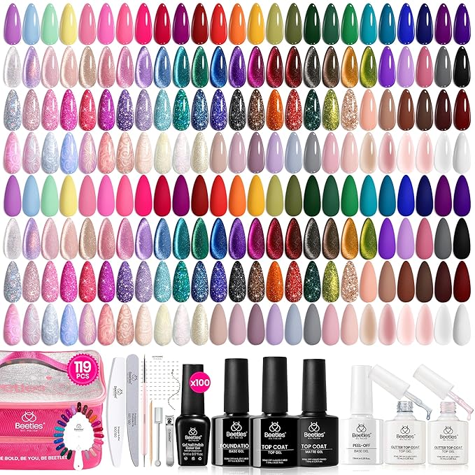 Beetles 100 Colors Gel Nail Polish Set, 119 PCS Nail Polish Kit All Season Cat Eye Pink Blue Jelly Glitter Pearl Gel Polish & 5Pcs Base Top Coat Soak off UV Manicure Nail Art Home Gifts for Women
