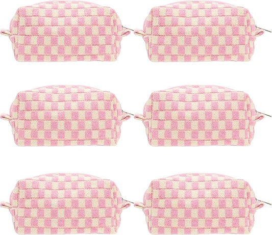 PAZIMIIK 6PCS Checkered Makeup Bag for Purse Portable Zipper Make Up Pouch Small Cosmetic Case for Travel Accessories Pink Beige
