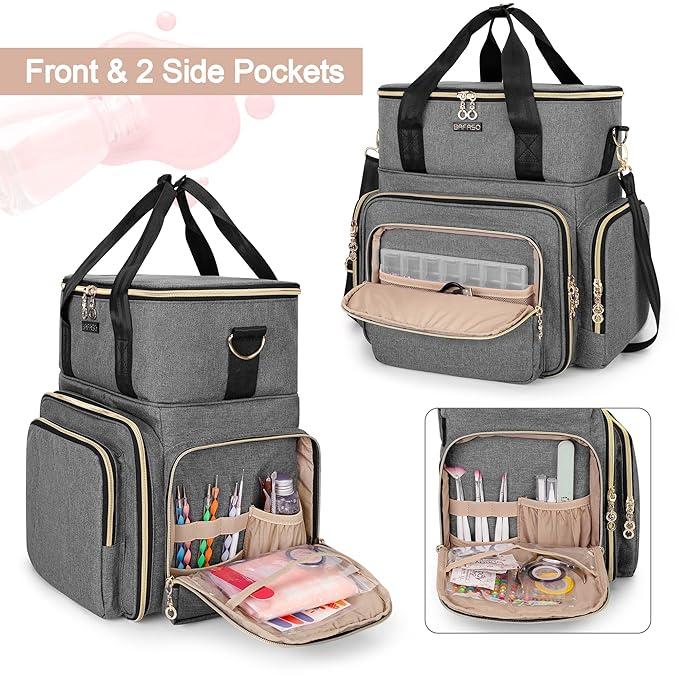 BAFASO Double Layer Nail Polish Organizer Holds 70 Bottles (15ml - 0.5 fl.oz) and a Nail Dryer, Nail Polish Case with 2 Removable Pouches and Tools Storage Sections (Patented), Gray