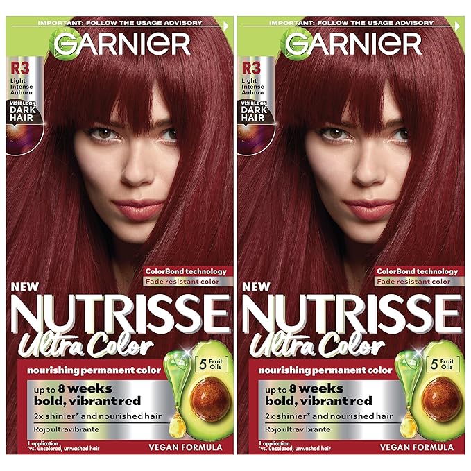 Garnier Hair Color Nutrisse Ultra Color Nourishing Creme, R3 Light Intense Auburn (Red Hibiscus) Permanent Hair Dye, 2 Count (Packaging May Vary)