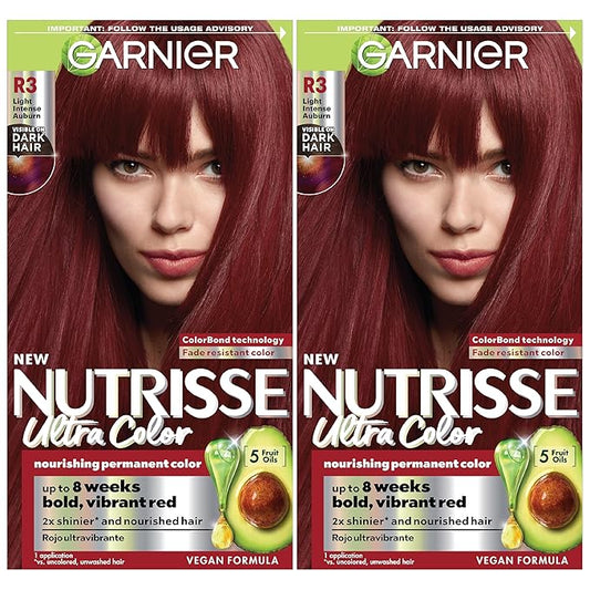 Garnier Hair Color Nutrisse Ultra Color Nourishing Creme, R3 Light Intense Auburn (Red Hibiscus) Permanent Hair Dye, 2 Count (Packaging May Vary)