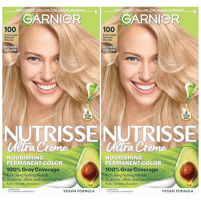 Garnier Hair Color Nutrisse Nourishing Creme, 100 Extra-Light Natural Blonde (Chamomile) Permanent Hair Dye, 2 Count (Packaging May Vary)