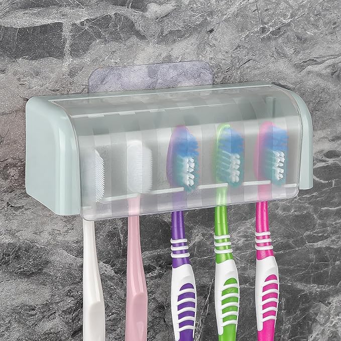 Toothbrush Holder Wall Mounted with Cover for Bathroom, 5 Slots Toothbrush Storage Organizer for Shower, Self Adhesive Toothbrush Hanger Rack for Dorm, Cabinet(Blue)