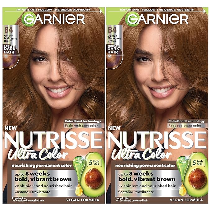 Garnier Hair Color Nutrisse Ultra Color Nourishing Creme, B4 Golden Mahogany Brown (Caramel Chocolate) Permanent Hair Dye, 2 Count (Packaging May Vary)