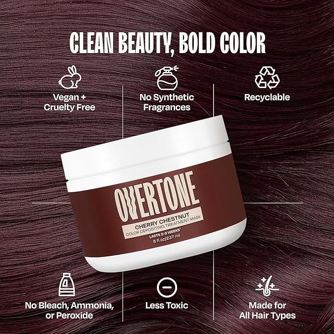 Overtone Semi Permanent Hair Color Conditioner, Cherry Chestnut, 8 oz, Nourishing, Damage-Free, Color Depositing Mask for All Hair Types with Shea Butter & Coconut Oil, Vegan & Cruelty-Free