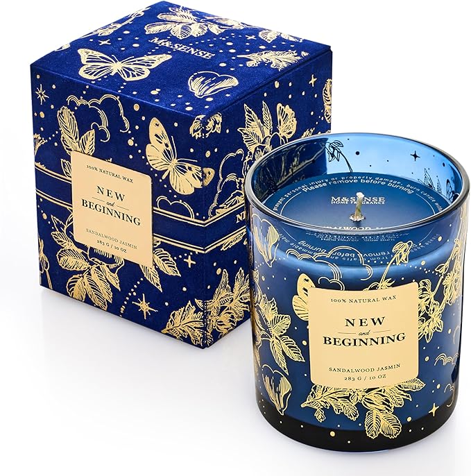 M&SENSE Holiday Scented Candle Gift for Women and Men - Sandal Wood Jasmin Scent, 10 oz Soy Wax, Birthday,Holiday, Christmas, New Year Gift