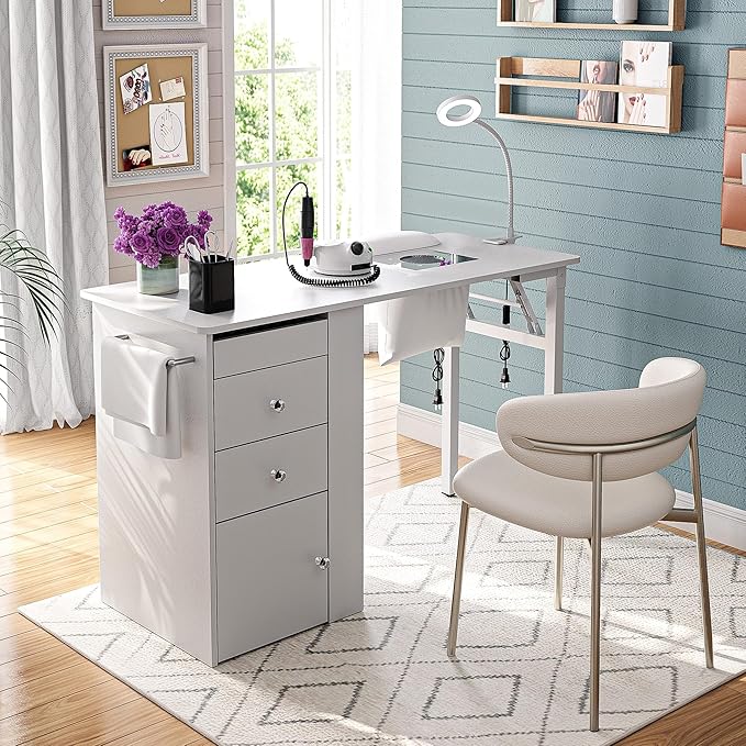 Foldable Nail Table with Dust Collector, Manicure Desk for Nail Tech, with LED Lamp, Wrist Rest, Rolling Nail Table for Salon, Home Beauty Workstation, Compact Nail Station with Storage (White)
