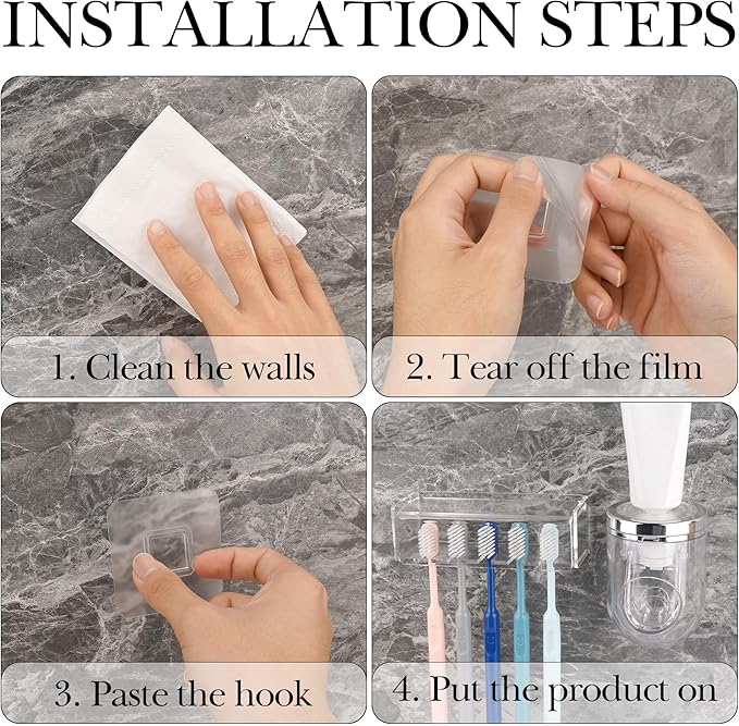 5 Slots Wall Mount Toothbrush Holder with Cover, Self Adhesive Tooth Brush Storage Organizer for Shower Bathrooms, Toothbrush Stand with Automatic Toothpaste Squeezer Dispenser