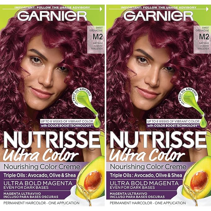 Garnier Hair Color Nutrisse Ultra Color Nourishing Creme, M2 Medium Intense Magenta (Sweet Grenadine) Permanent Hair Dye, 2 Count (Packaging May Vary)