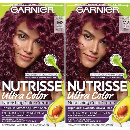 Garnier Hair Color Nutrisse Ultra Color Nourishing Creme, M2 Medium Intense Magenta (Sweet Grenadine) Permanent Hair Dye, 2 Count (Packaging May Vary)
