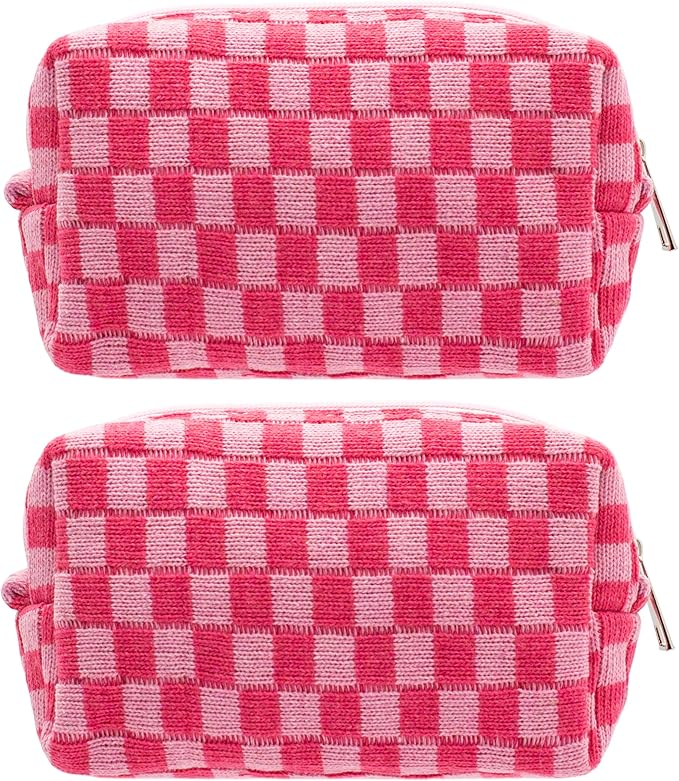 PAZIMIIK Checkered Makeup Bag for Purse Portable Zipper Make Up Pouch Small Cosmetic Case for Travel Accessories (2PCS Hotpink)