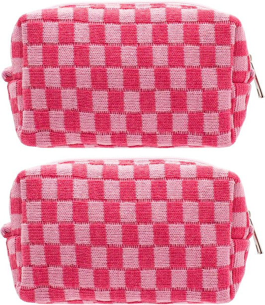 PAZIMIIK Checkered Makeup Bag for Purse Portable Zipper Make Up Pouch Small Cosmetic Case for Travel Accessories (2PCS Hotpink)