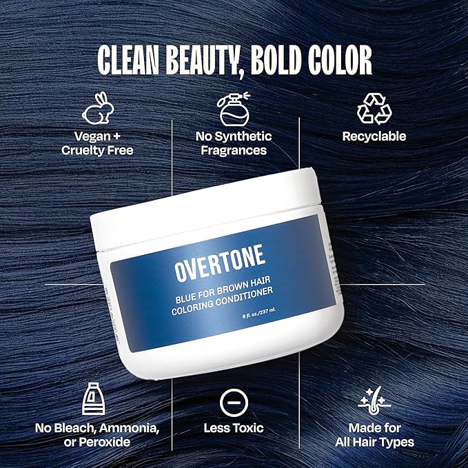 Overtone Semi Permanent Hair Color Conditioner, Indigo Iris, 8 oz, Nourishing, Damage-Free, Color Depositing Mask for All Hair Types with Shea Butter & Coconut Oil, Vegan & Cruelty-Free