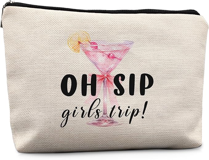 Pink Bow Martini Makeup Bag, Gifts for Martini Cocktail Lovers Cosmetic Bags, Best Friend Bestie BFF Gifts for Women, Preppy Cocktail Makeup Zipper Pouch