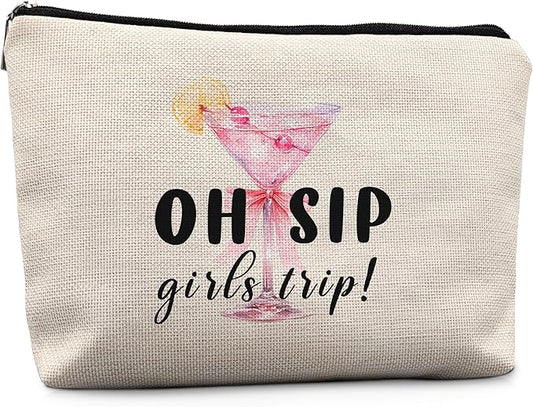 Pink Bow Martini Makeup Bag, Gifts for Martini Cocktail Lovers Cosmetic Bags, Best Friend Bestie BFF Gifts for Women, Preppy Cocktail Makeup Zipper Pouch