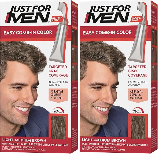 Just For Men Easy Comb-In Color Mens Hair Dye, Easy No Mix Application with Comb Applicator - Light-Medium Brown, A-30, Pack of 2