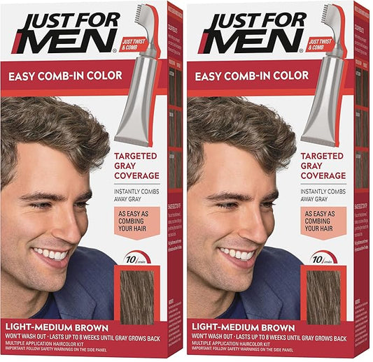 Just For Men Easy Comb-In Color Mens Hair Dye, Easy No Mix Application with Comb Applicator - Light-Medium Brown, A-30, Pack of 2