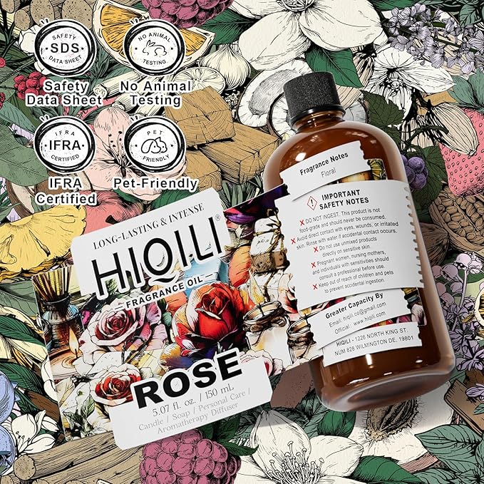 HIQILI Rose Fragrance Oil for Candle & Soap Making, Essential Oil Diffuser, Floral Scents, Add to Laundry Dryer Balls - 5.07 Fl Oz