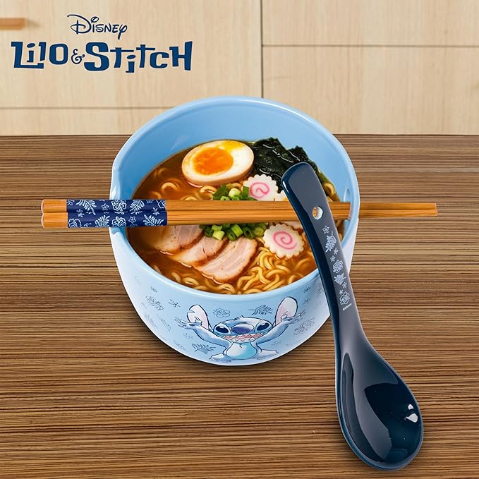 Silver Buffalo Disney Lilo and Stitch Hands Up Leaves and Flowers Ceramic Ramen Noodle Rice Bowl with Chopsticks and Spoon, Microwave Safe, 20 Ounces