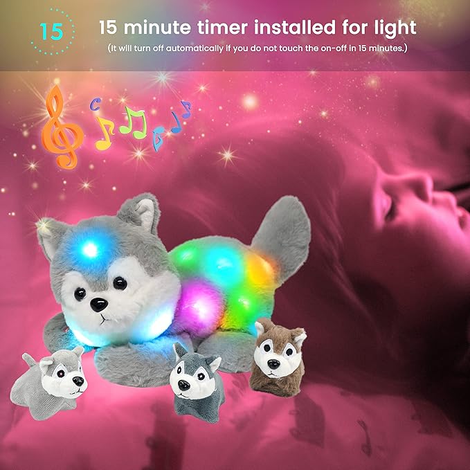 Hopearl LED Musical Stuffed Husky Lighting Up Singing Plush Toy Playset Mommy Dog with 3 Baby Puppies in her Tummy Lullaby Animated Soothe for Mom Toddler Girls, Gray, 17''