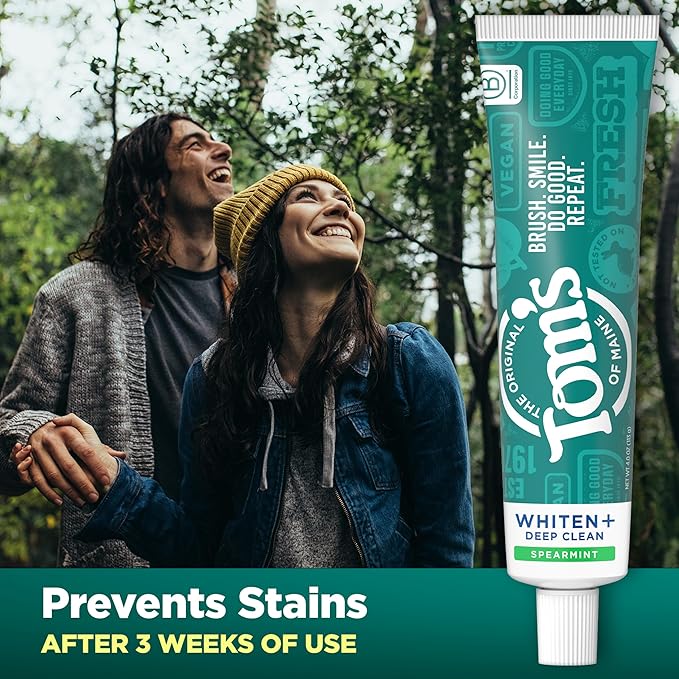 Tom's of Maine Whiten Plus Deep Clean Whitening Toothpaste, Natural Whitening Toothpaste with Plant-Based Cleansers, Enamel Safe, Whitens Without Causing Sensitivity, Spearmint, 4.0 Oz (Pack of 3)