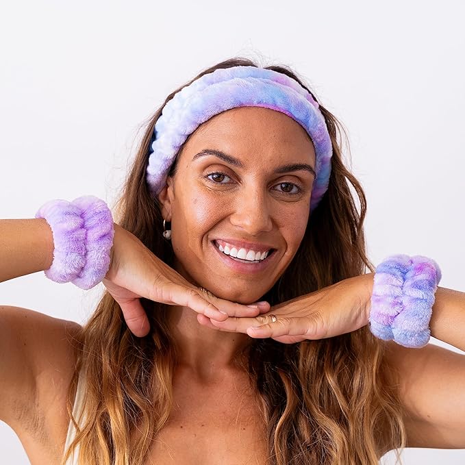 FROG SAC Puffy Spa Headband and Wristbands for Face Washing, Fuzzy Skincare Headbands for Women, Soft Makeup Skin Care Hair Accessories for Girls, Make Up Hair Band (Tie Dye)