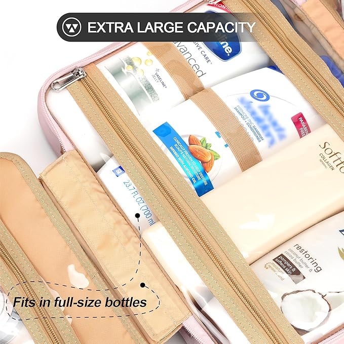 Travel Hanging Toiletry Bag for Women, Extra Large Makeup Bag, Holds Full-Size Shampoo, with Jewelry Organizer Compartment, Waterproof Cosmetic Bag, Toiletries Kit Set with Trolley Belt, Baby Pink