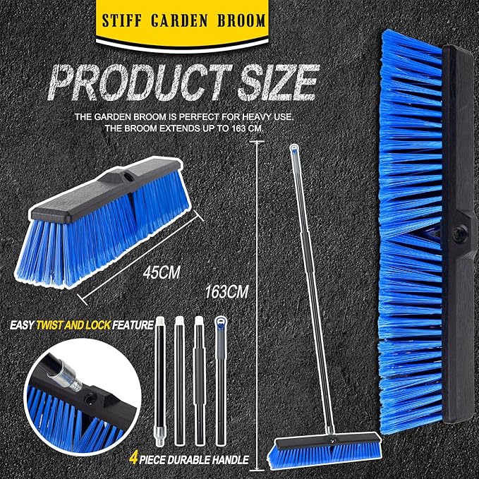 18 Inches Outdoor Push Broom Heavy Duty Shop Broom with 63" Long Handle for Deck Driveway Garage Yard Patio Concrete Floor Cleaning(Blue)