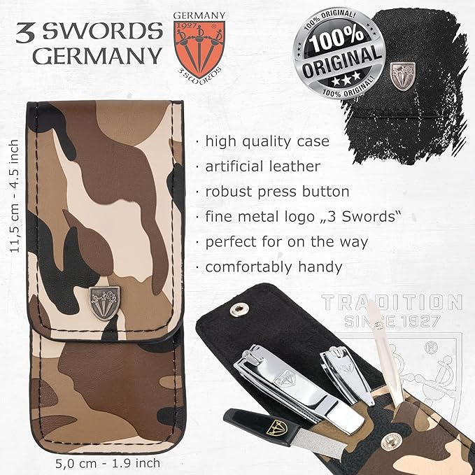 3 Swords Germany - Brand Quality 4 Piece Manicure Pedicure Grooming kit Set for Professional Finger & Toe Nail Care Tweezers File Clipper Fashion Leather case in Gift Box, Made by 3 Swords (03621)