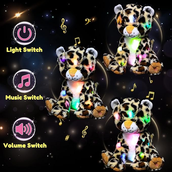 Hopearl LED Musical Plush Leopard Lighting Up Cheetah Stuffed Animal Panther Floppy Night Lights Glow in The Dark Birthday Festival for Kids Toddlers Boys, 11''