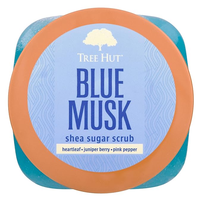 Tree Hut Blue Musk Shea Sugar Scrub, Exfoliating, Hydrating & Moisturizing Body Scrub with Shea Butter & Nourishing Essential Oils, Smooth & Soften Skin, 18 oz