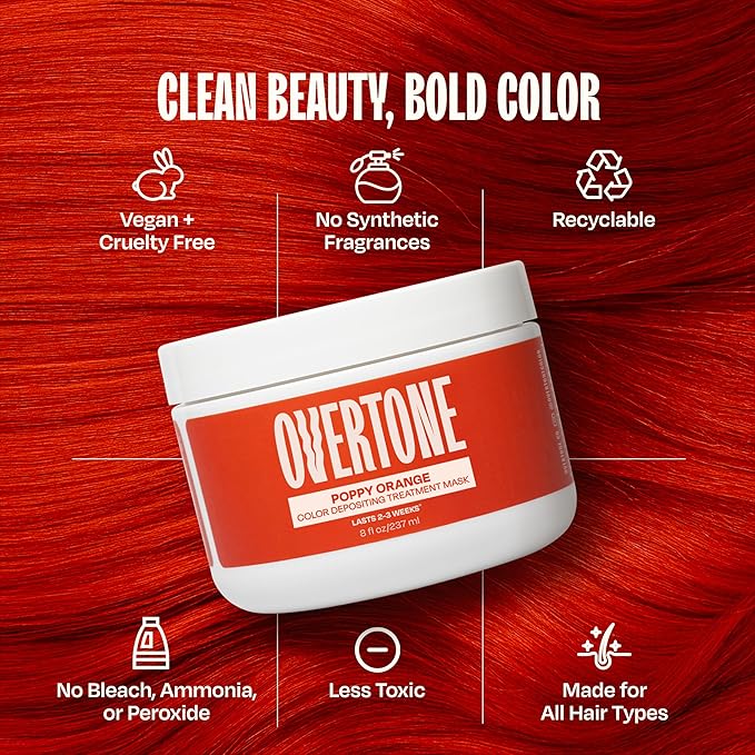 Overtone Semi Permanent Hair Color Conditioner, Poppy Orange, 8 oz, Nourishing, Damage-Free, Color Depositing Mask for All Hair Types with Shea Butter & Coconut Oil, Vegan & Cruelty-Free