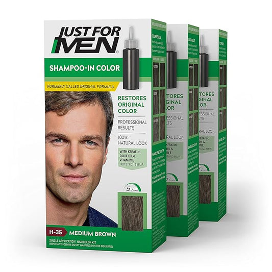 Just For Men Shampoo In Color, Hair Color for Men with Keratin and Vitamin E for Stronger Hair, Restores Natural Hair Color, Medium Brown, H-35, Pack of 3