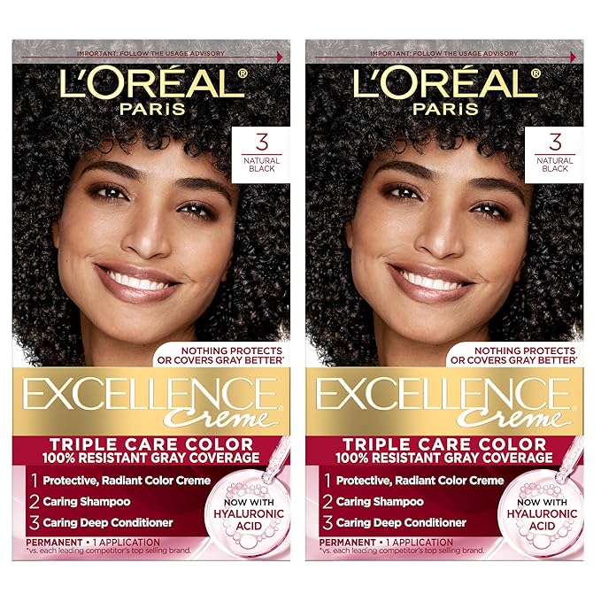 L'Oreal Paris Excellence Crème Permanent Hair Dye, Triple Care Hair Color with Pro-Keratine Complex for 100% Gray Hair Coverage, 3 Natural Black, 1 Kit (Pack of 2)