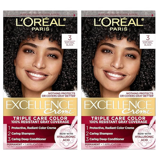 L'Oreal Paris Excellence Crème Permanent Hair Dye, Triple Care Hair Color with Pro-Keratine Complex for 100% Gray Hair Coverage, 3 Natural Black, 1 Kit (Pack of 2)