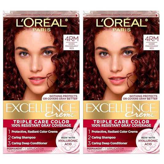 L'Oreal Paris Excellence Crème Permanent Hair Dye, Triple Care Hair Color with Pro-Keratine Complex for 100% Gray Hair Coverage, 4RM Dark Mahogany Red, 1 Kit (Pack of 2)