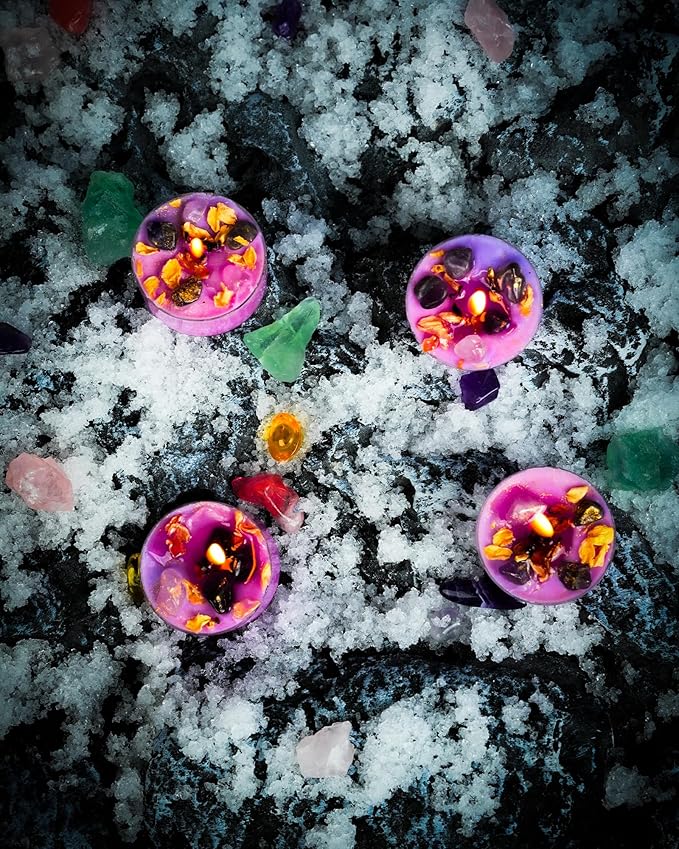 Tealight Soy Candles with Crystals And Herbs, Handmade Energy Candles, Healing Crystal Soy Candles, Aromatherapy Candles. (Purple)