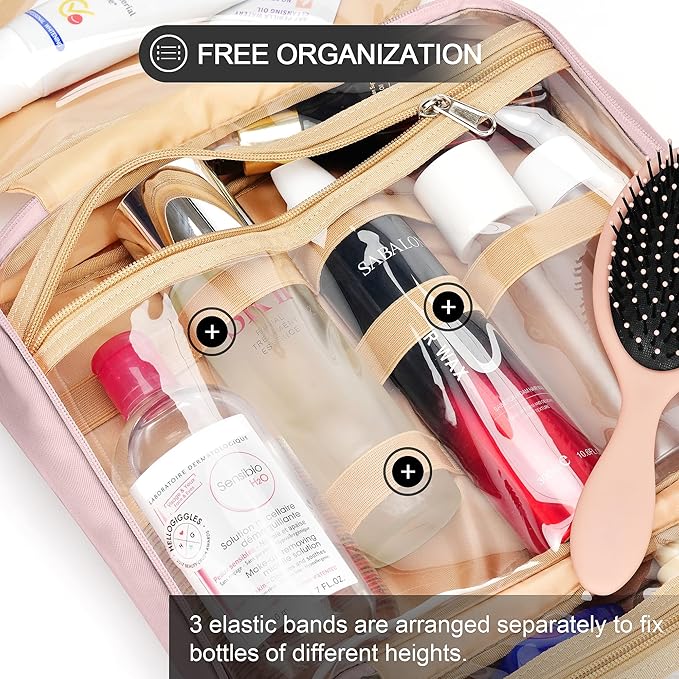 Travel Hanging Toiletry Bag for Women, Extra Large Makeup Bag, Holds Full-Size Shampoo, with Jewelry Organizer Compartment, Waterproof Cosmetic Bag, Toiletries Kit Set with Trolley Belt, Baby Pink