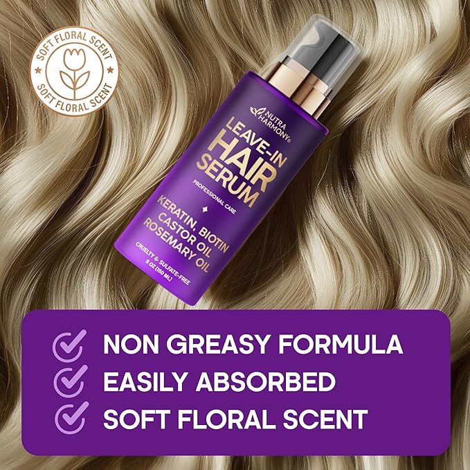 Hydrating Hair Serum – Keratin Hair Treatment for Dry, Frizzy, Damaged Hair – Biotin, Castor & Rosemary Oils – Anti‑Frizz, Heat Protectant & Split Ends Repair for Smooth, Shiny Hair, Pack of 2