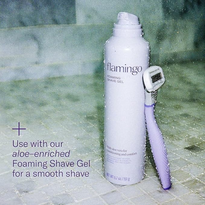 Flamingo Shaving Razor Set for Women - Original Razor Handle, 4 Blade Refills, and Shower Holder - Lilac