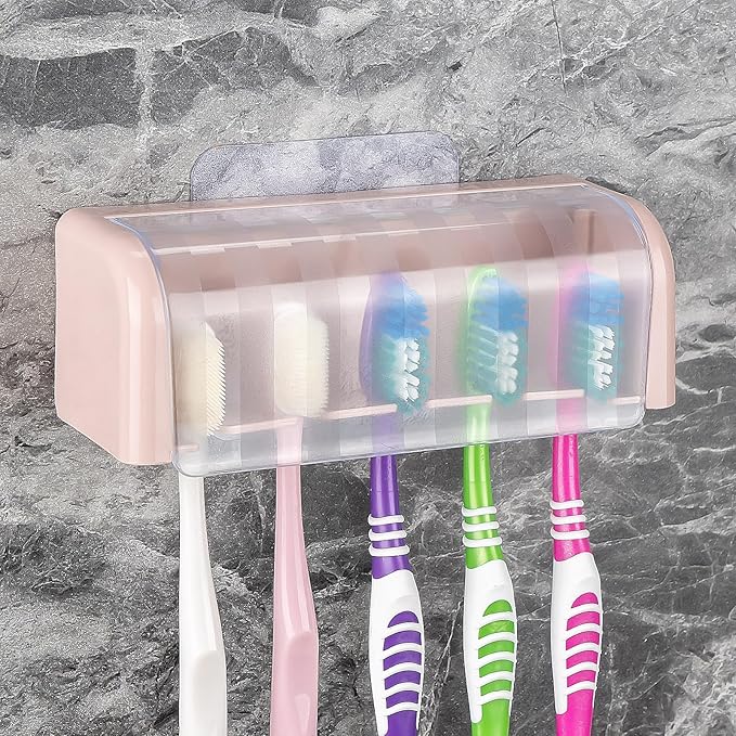 5 Slots Wall Mount Toothbrush Holder with Cover, Self Adhesive Toothbrush Storage Organizer for Shower, Toothbrush Hanger for Bathroom, Medicine Cabinet, Dorm (Pink)
